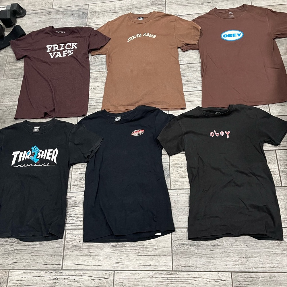 Men’s obey and Santa Cruz shirts